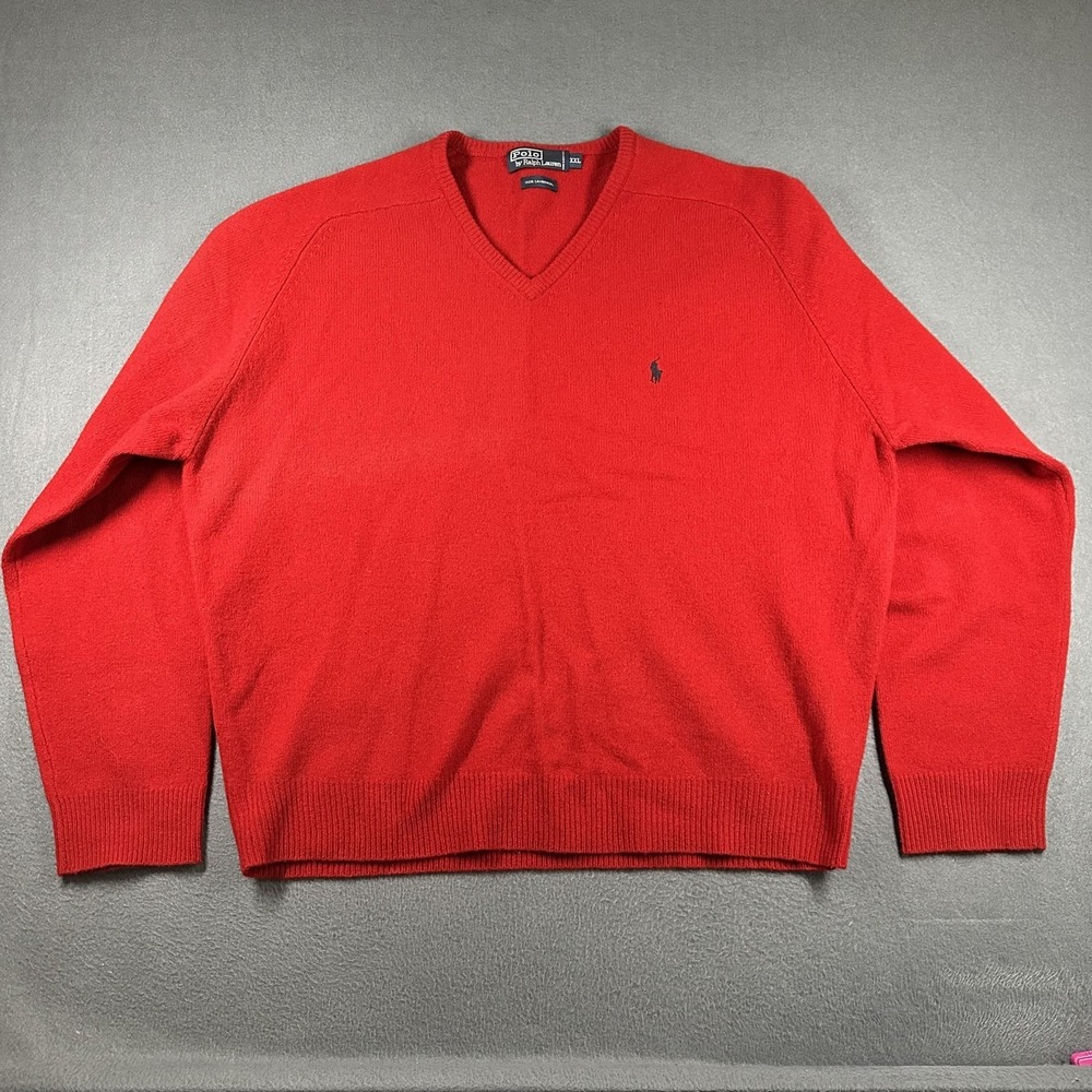 Vtg Polo Ralph Lauren Sweater Mens 2XL Red Lambswool V Neck Pony Knit Pullover